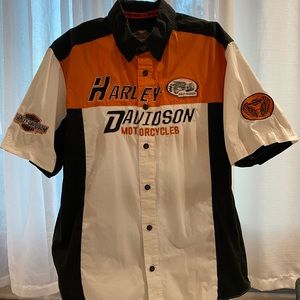 Harley-Davidson Men’s Short Sleeve Button Up Shirt, White, Black,Orange, Size L